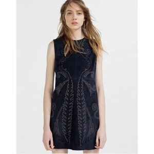 Zara Dark Navy Blue Suede Stud Rivet  Detail Design Sleeveless Shift Dress L